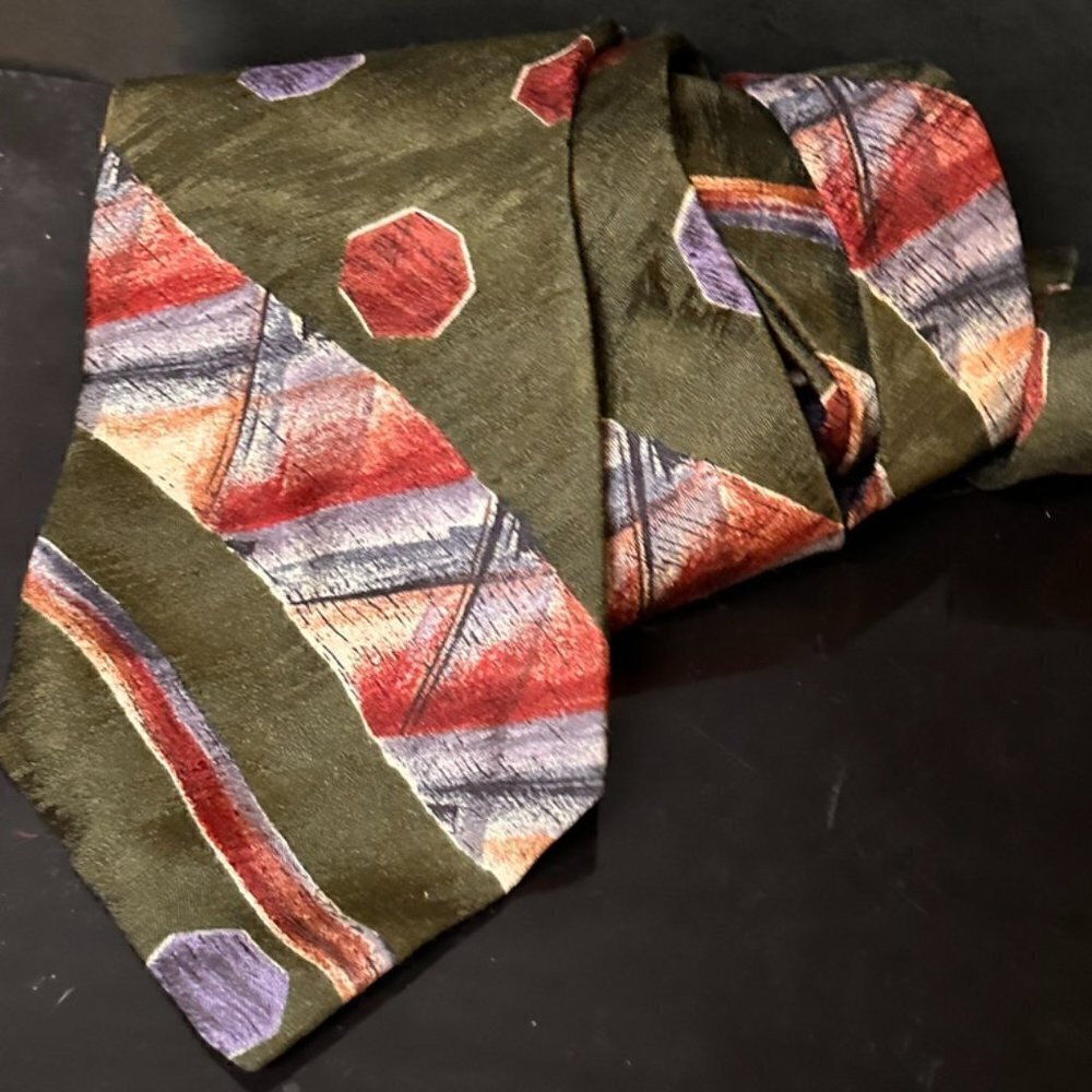 Bugatti Silk Tie Olive Green Painting Watercolor Modern Art Purple Abstract